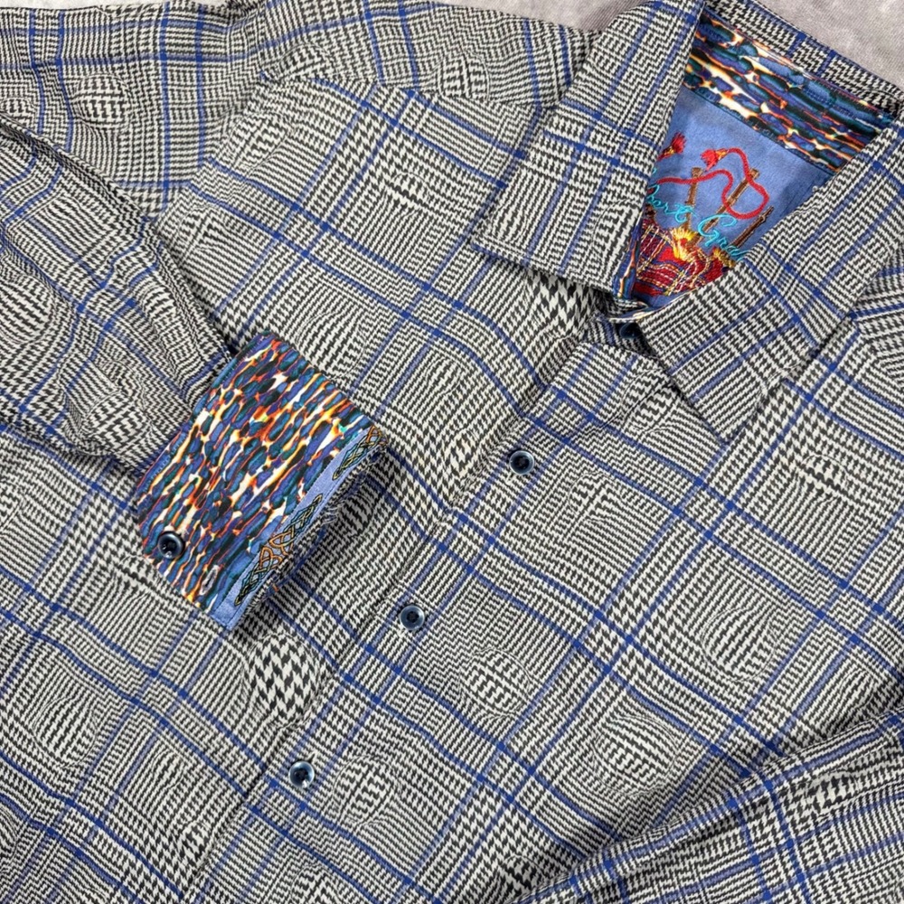 Robert Graham Mens Small Classic Fit Glen Plaid Button Down Shirt Grey Blue 577